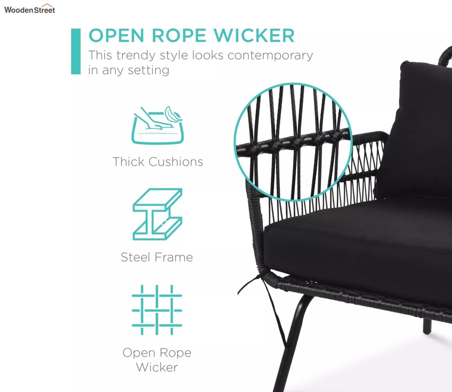 Black Detachable L Shaped Rope Outdoor Sofa with Table and Black Cushion Set