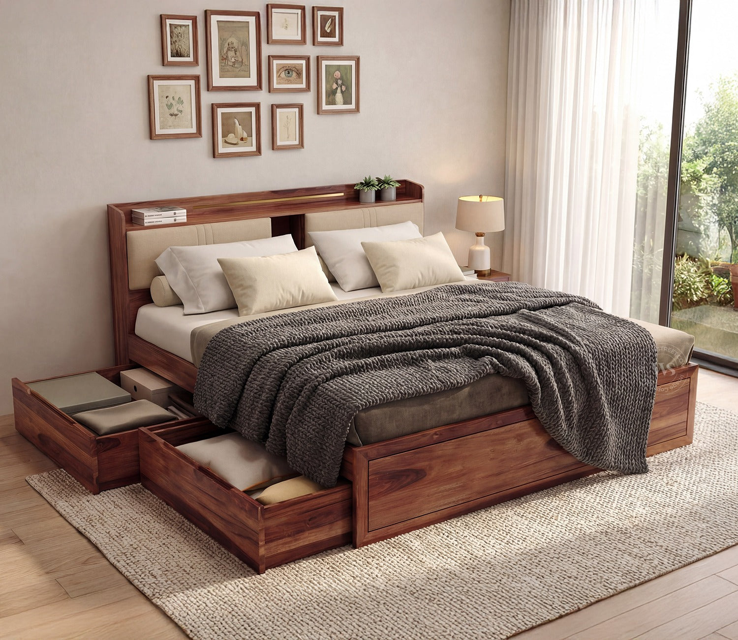 Wildon Premium Sheesham Wood Bed with Cushioned Headboard and Drawer Storage (Queen Size, Teak Finish)