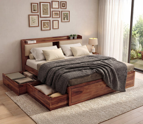 Wildon Premium Sheesham Wood Bed with Cushioned Headboard and Drawer Storage (Queen Size, Teak Finish)