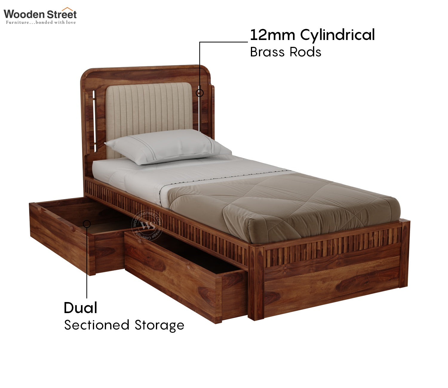 Lotus Premium Sheesham Wood Bed with Drawer Storage (Single Size, Honey Finish)