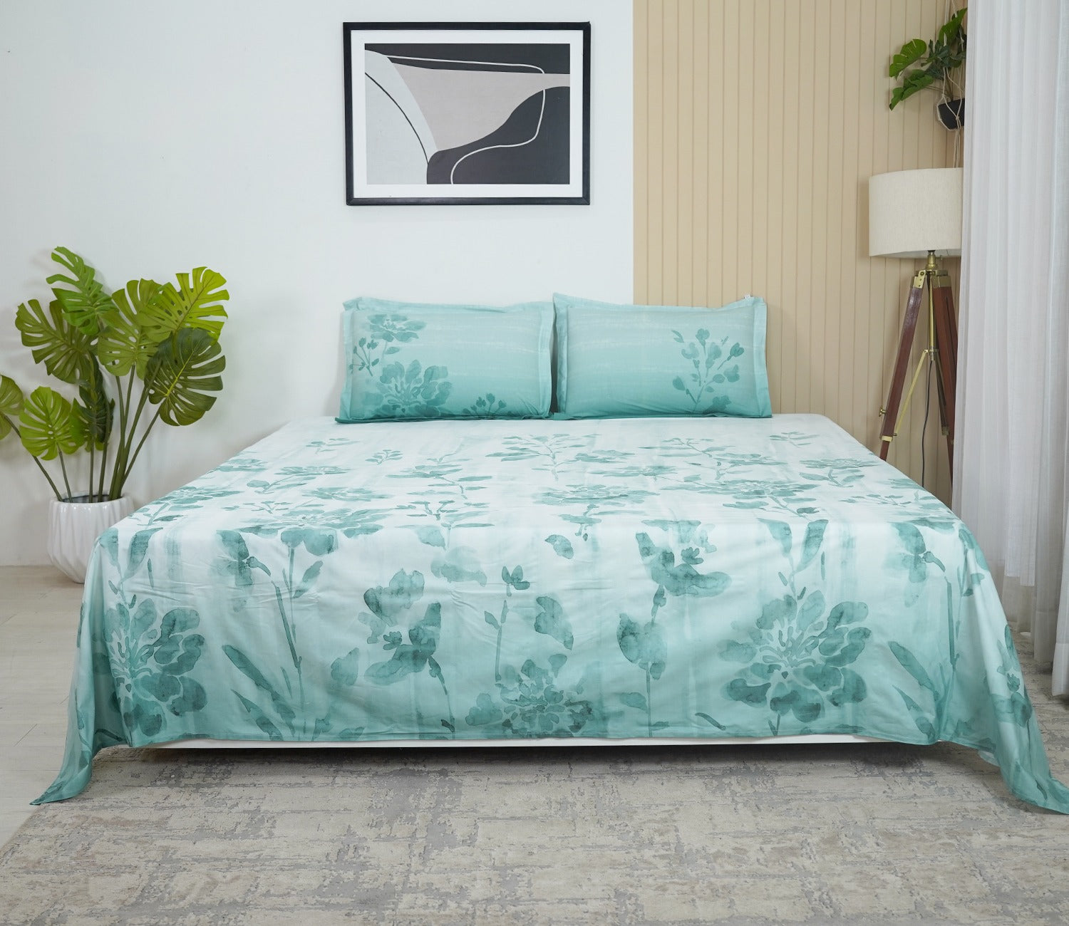 Falling Florals 180 TC  Flat Pure Cotton King Size Bedsheet With 2 Pillow Covers (White)