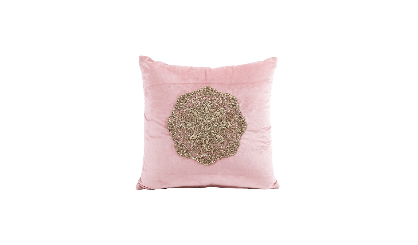 Beaded Velvet Cushion Covers - Set of 1 (Peach, 18 x 18 inch)
