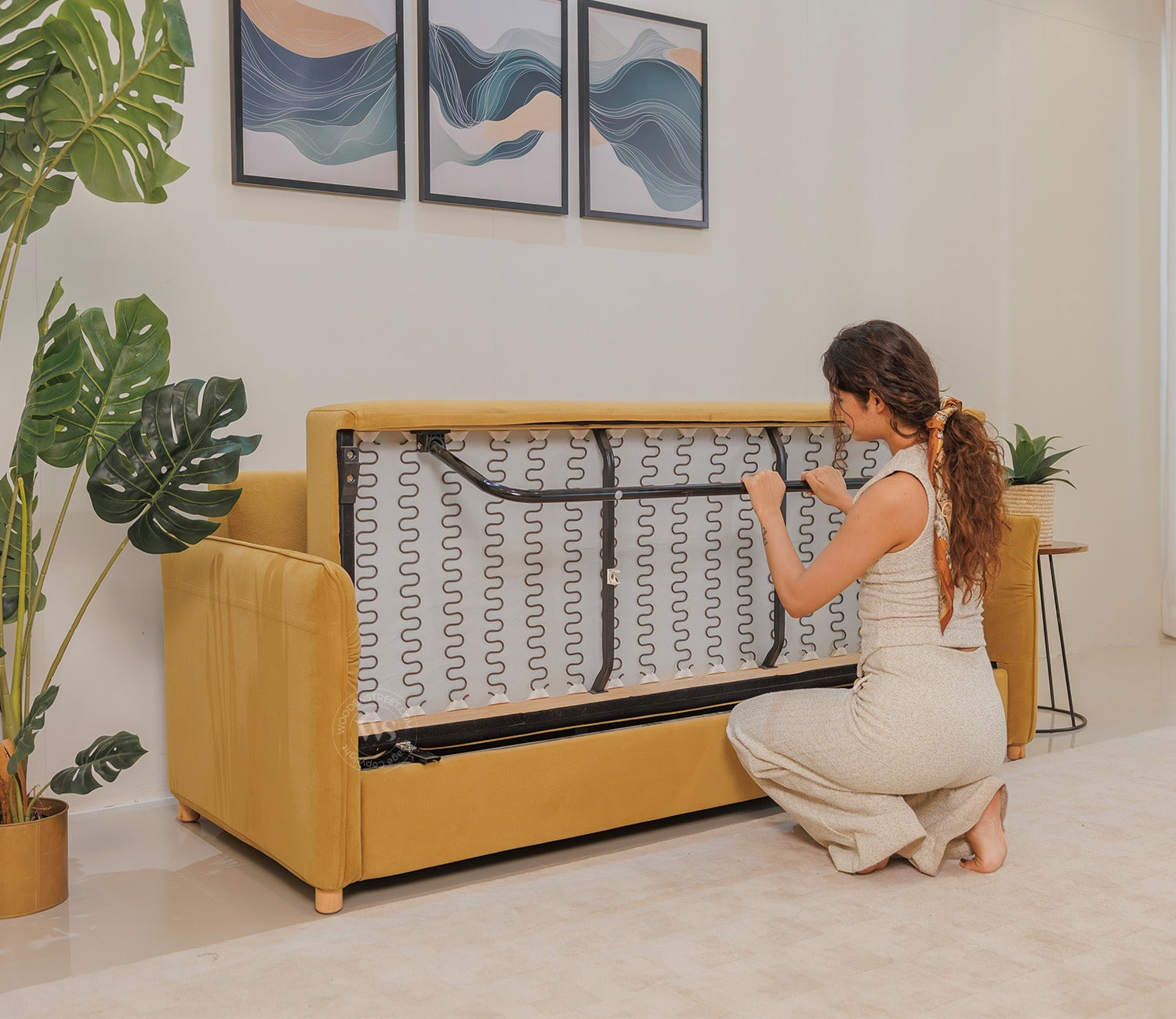 Saffra 3-Seater Sofa Cum Bed | Fold-Out Mechanism | Under-Seat Storage | Fabric Upholstery (Mustard)