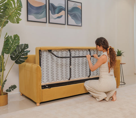 Saffra 3-Seater Sofa Cum Bed | Fold-Out Mechanism | Under-Seat Storage | Fabric Upholstery (Mustard)