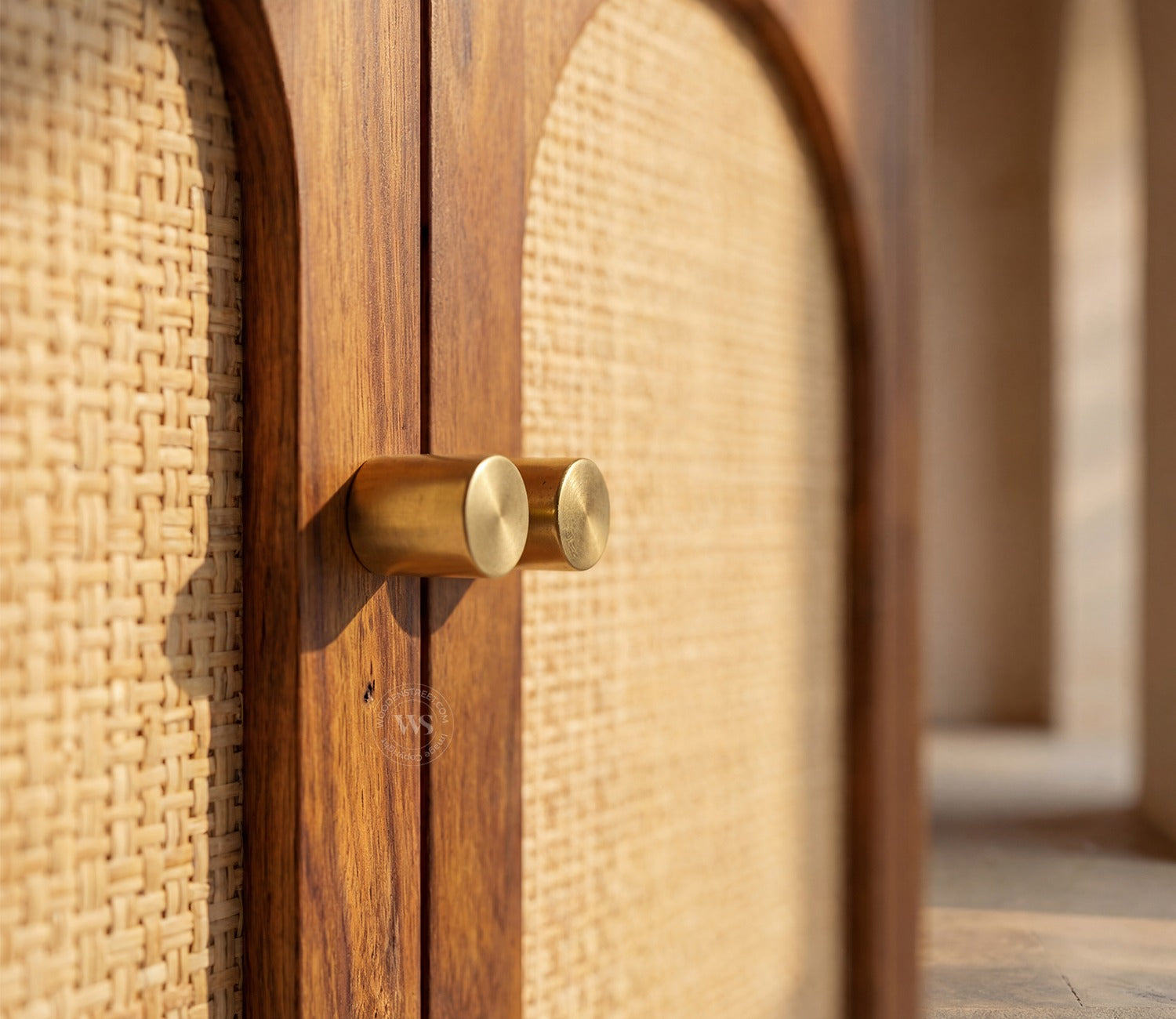 Amodh Sheesham Wood Bar Cabinet with Arched Cane Doors & Brass Handles (Teak Finish)