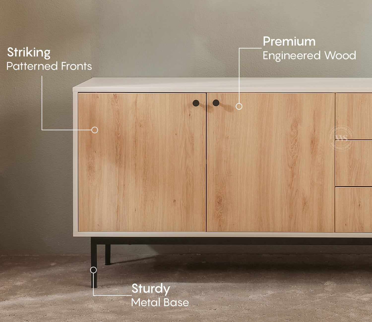 Marbay Modern White Sideboard & Cabinet with Textured Front & Metal Base (Engineered Wood, Santana Pattern)