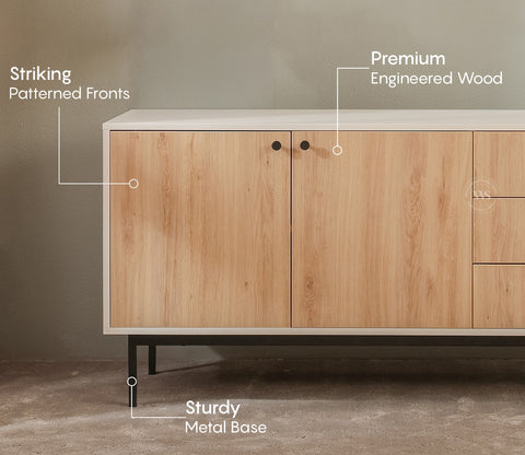 Marbay Modern White Sideboard & Cabinet with Textured Front & Metal Base (Engineered Wood, Santana Pattern)