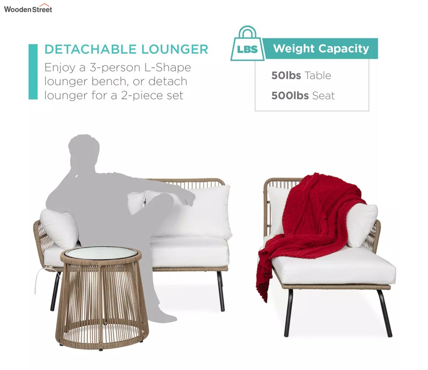 White Detachable L Shaped Rope Outdoor Sofa with Table and White Cushion Set