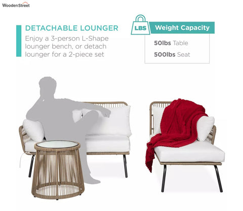 White Detachable L Shaped Rope Outdoor Sofa with Table and White Cushion Set