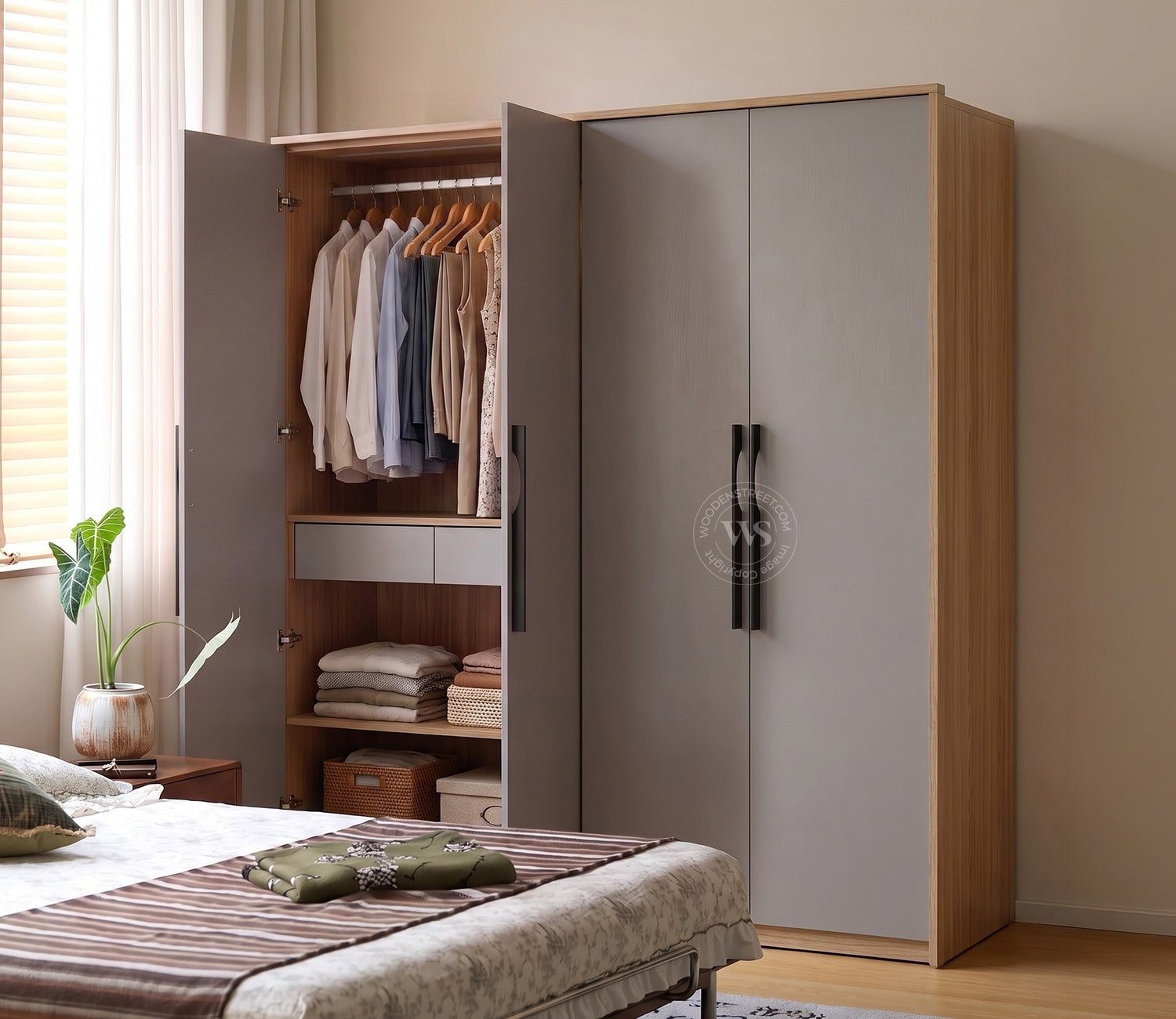 Vespera Engineered Wood Four Door Wardrobe (Gothic Grey, Classic Oak Finish)