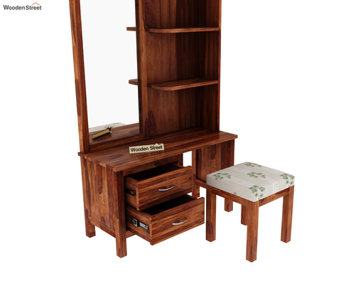 Edrina Sheesham Wood Dressing Table with Storage Drawers and Stool (Honey Finish)