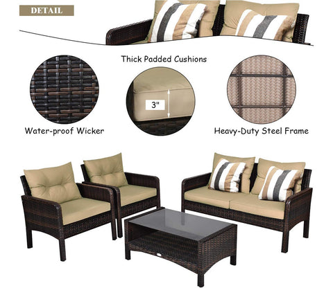 Dark Brown Rattan And Wicker Sofa Patio Set With Cream Cushions And Table