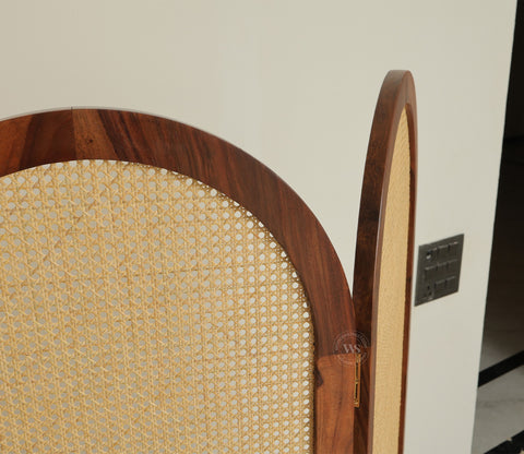 Aavriti Arched Sheesham Wood Room Divider with Natural Cane Weave - Foldable 3 Panel Screen