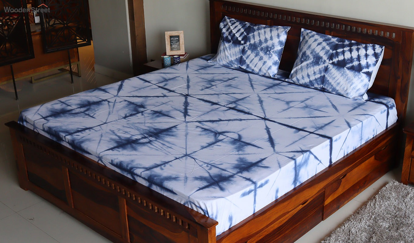 Tie and Die Indigo Contrast Double Bed Sheet with Pillow Covers
