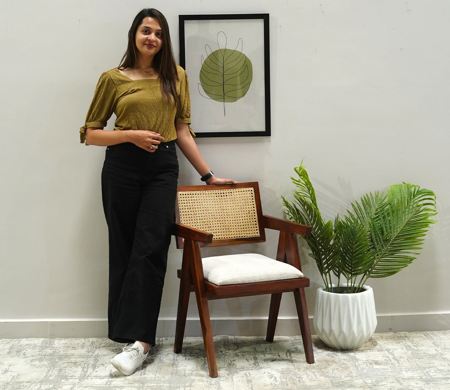 Siegler Sheesham Wood Cane Arm Chair (Honey Finish)