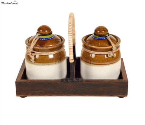 Brown Colour Cane Emblished Wooden Tray With Barni Set