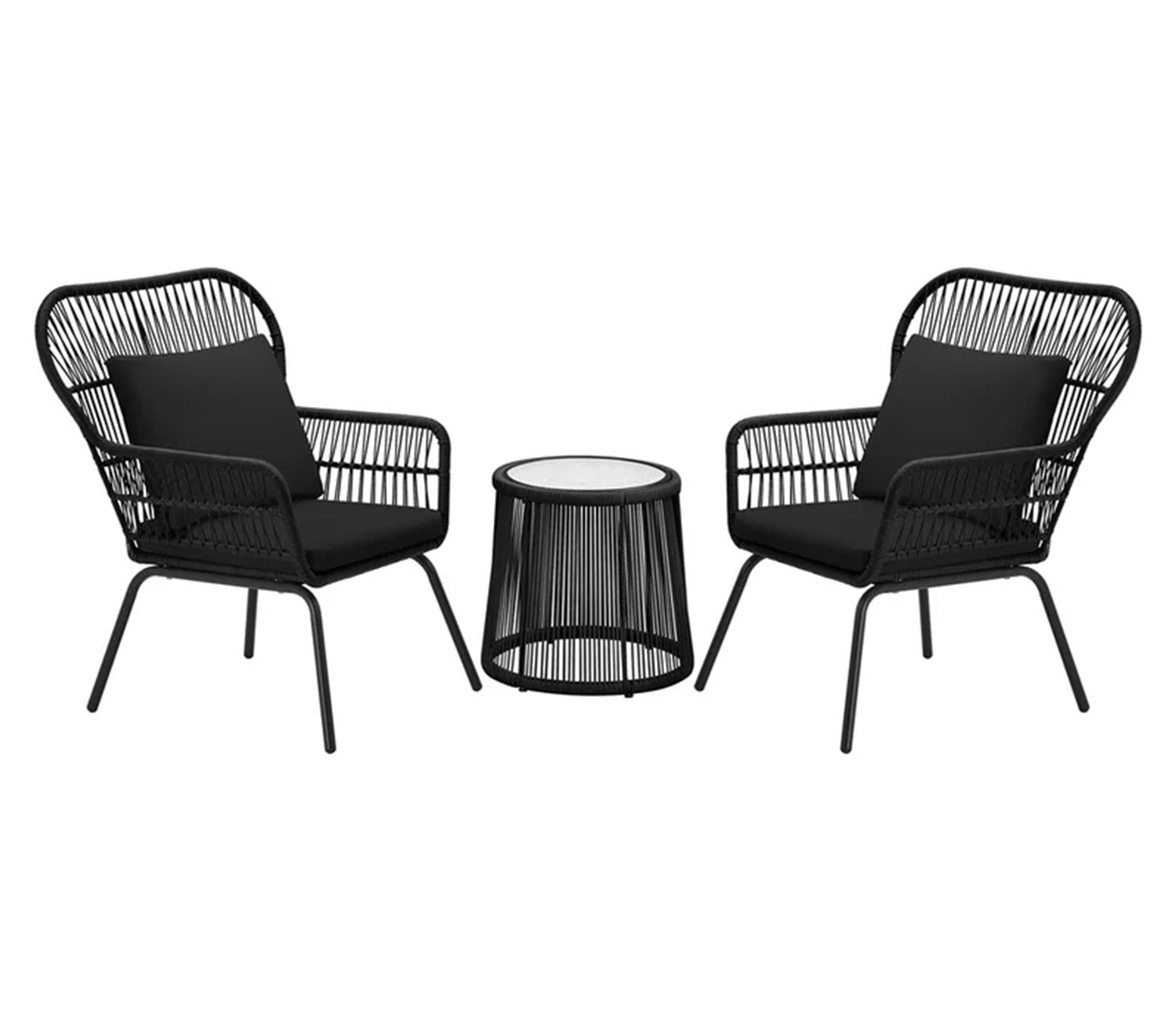 Black Rope 2 Seater Chair With Table And Black Cushions Patio Set