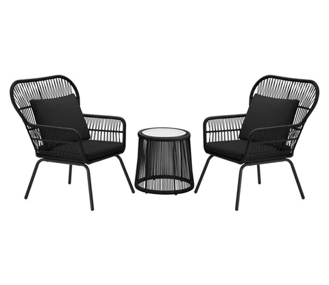 Black Rope 2 Seater Chair With Table And Black Cushions Patio Set