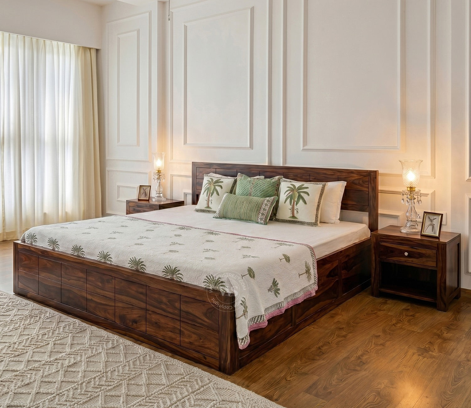 Brixton Sheesham Wood Bed With Box Storage (King Size, Walnut Finish)