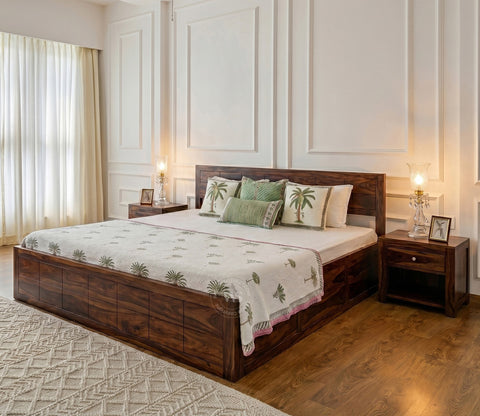 Brixton Sheesham Wood Bed With Box Storage (King Size, Walnut Finish)