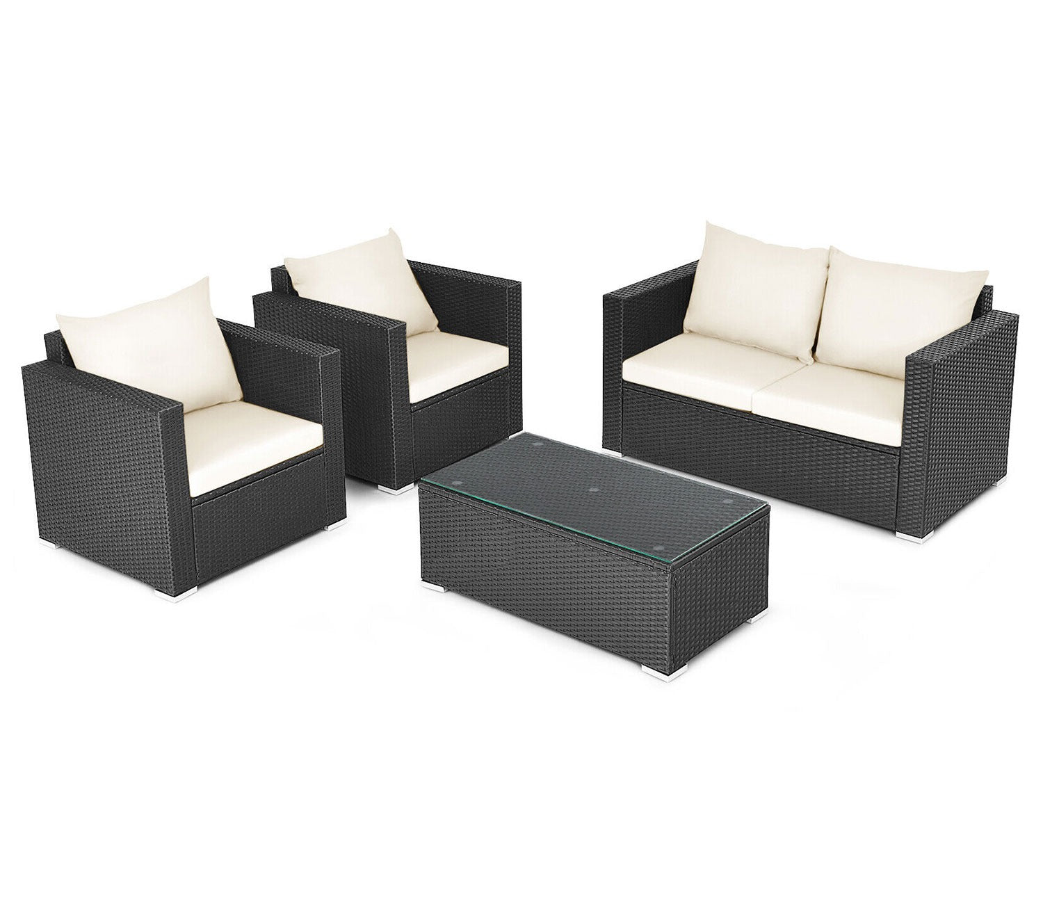Black Rattan And Wicker 4 Seater Outdoor Furniture Set With Table And Cream Cushions