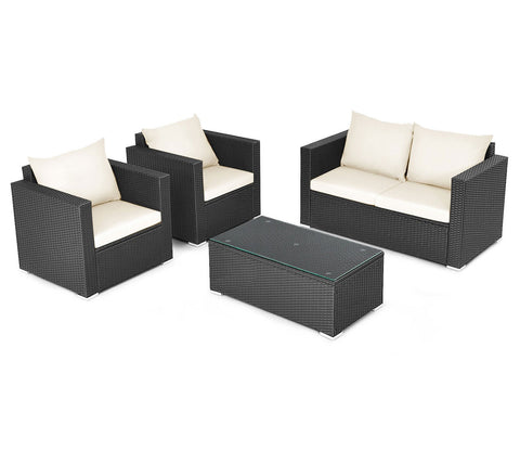 Black Rattan And Wicker 4 Seater Outdoor Furniture Set With Table And Cream Cushions