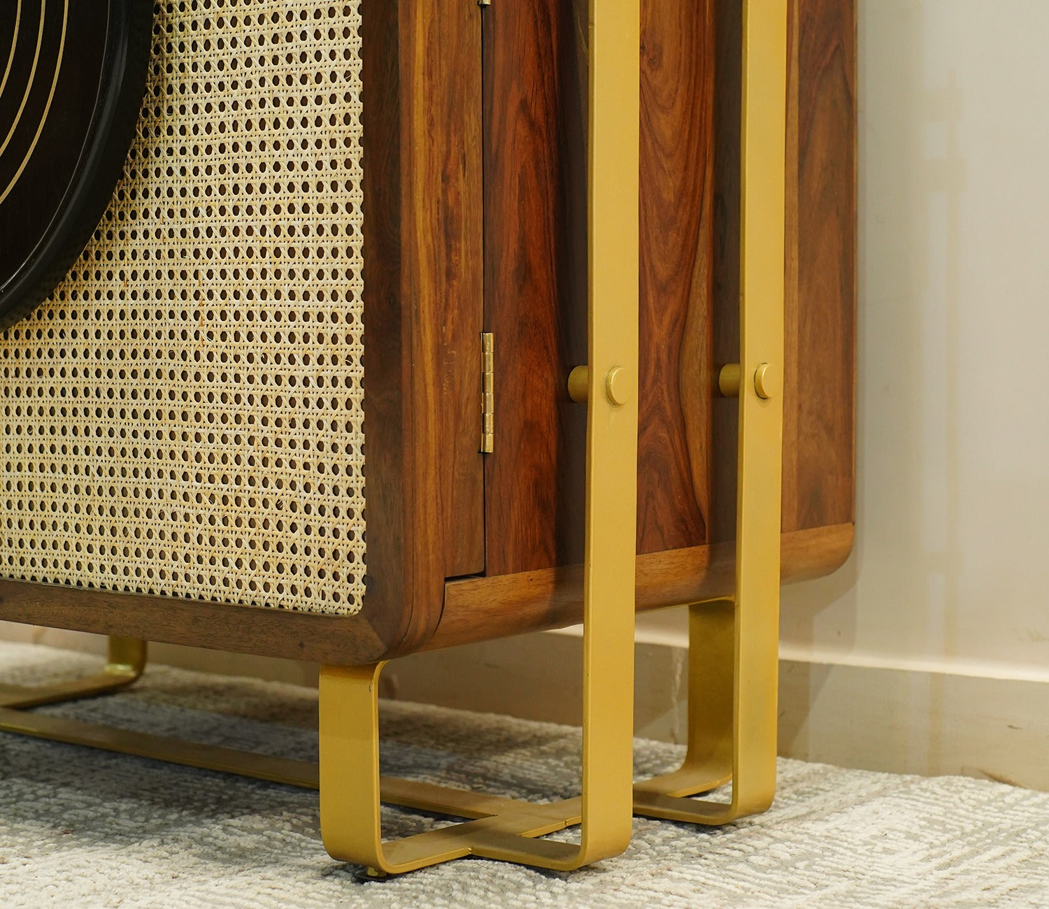 Arista Sheesham Wood Bar Cabinet with Cane and Brass Coated Iron Stand (Honey Finish)