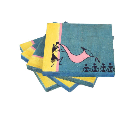 Warli Symphony Wooden Coasters Set Of 4