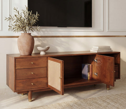Eka Premium Mango Wood TV Unit with Natural Cane Detailing - Bohemian Contemporary Design (Teak Finish)