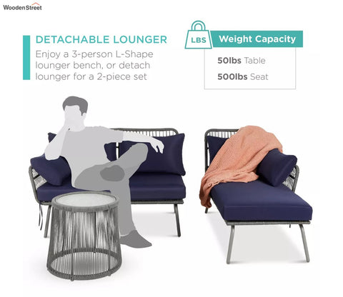 Grey Detachable L Shaped Rope Outdoor Sofa with Table and Dark Blue Cushion Set