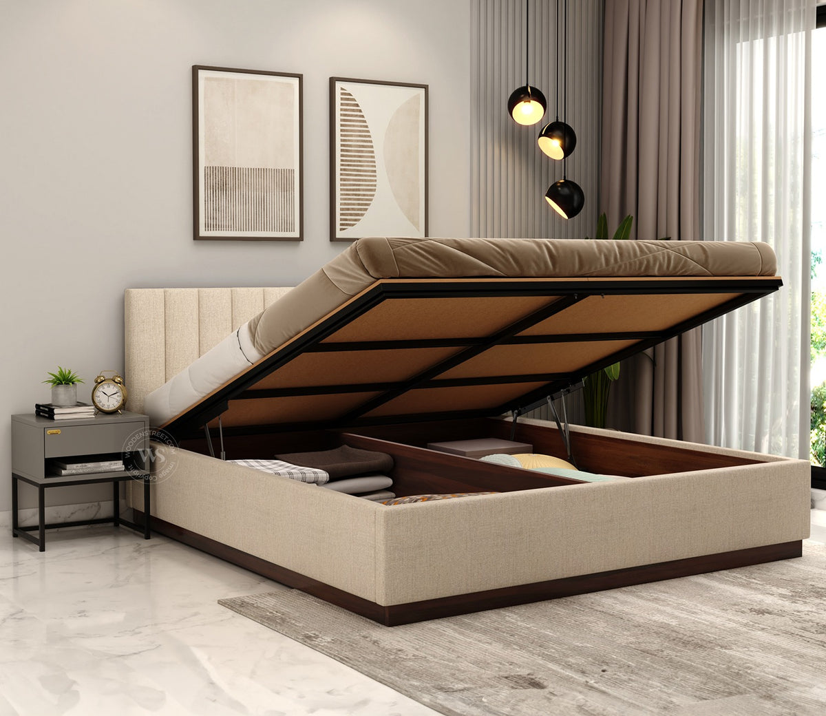 Nuvo Premium Upholstered Bed With Hydraulic Storage (King Size, Jade Ivory)