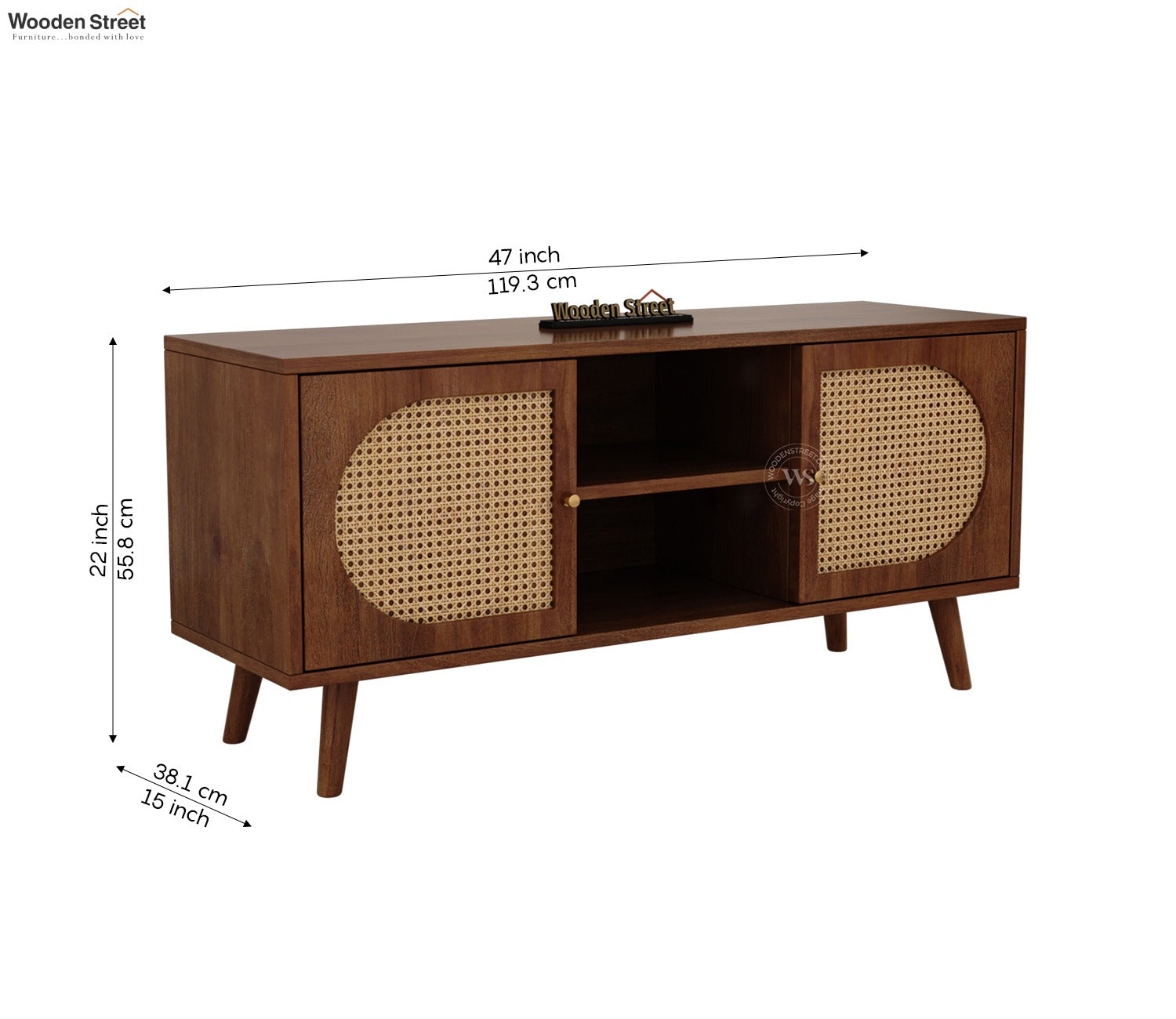 Astorio Premium Solid Wood TV Unit With Cane Door Cabinets & Open Shelves (Mango Wood, Honey Finish)