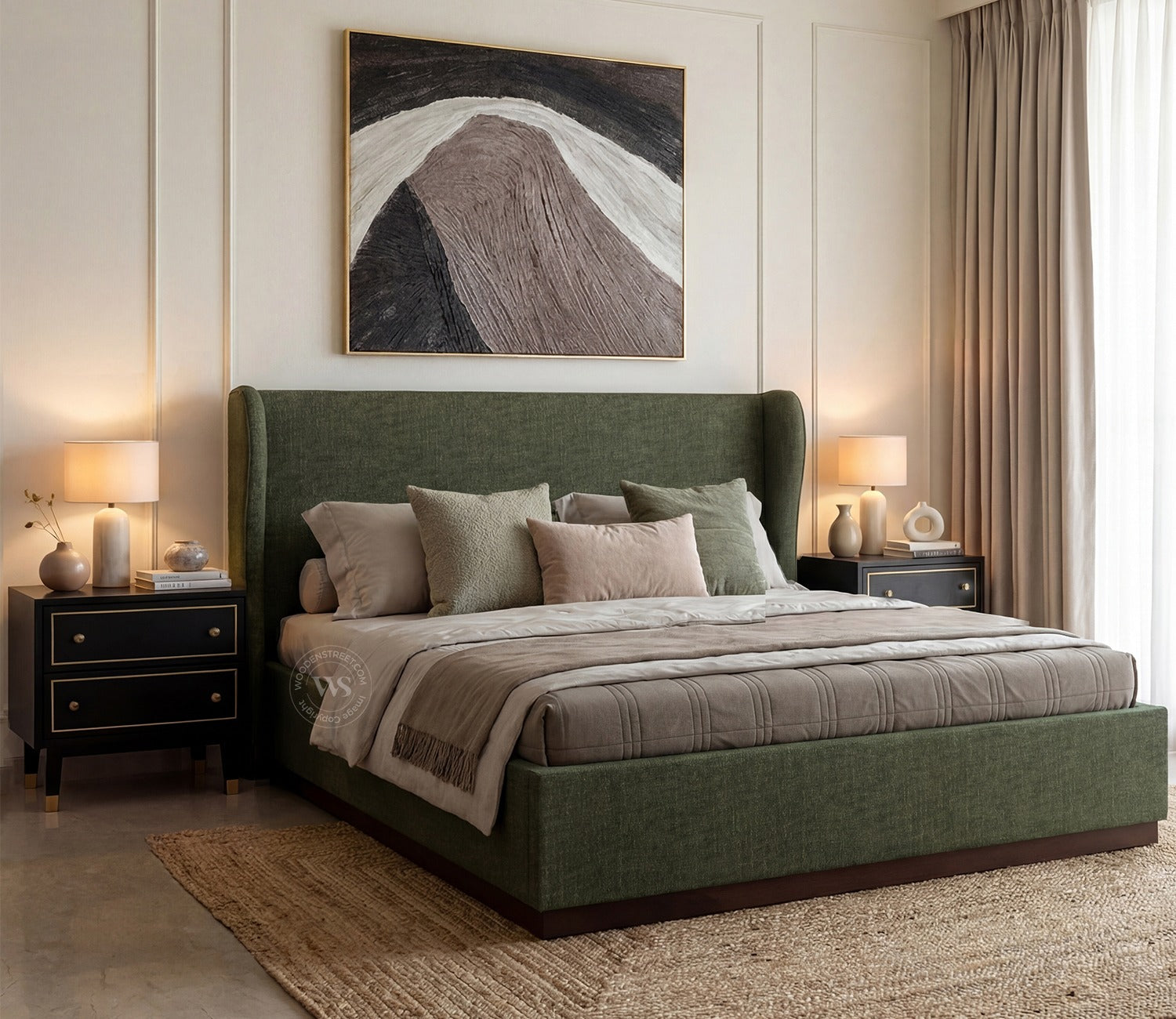 Adhiraj Luxurious Fabric Hydraulic Storage Bed with Plush Wingback Headboard (Queen Size, Sage Green)