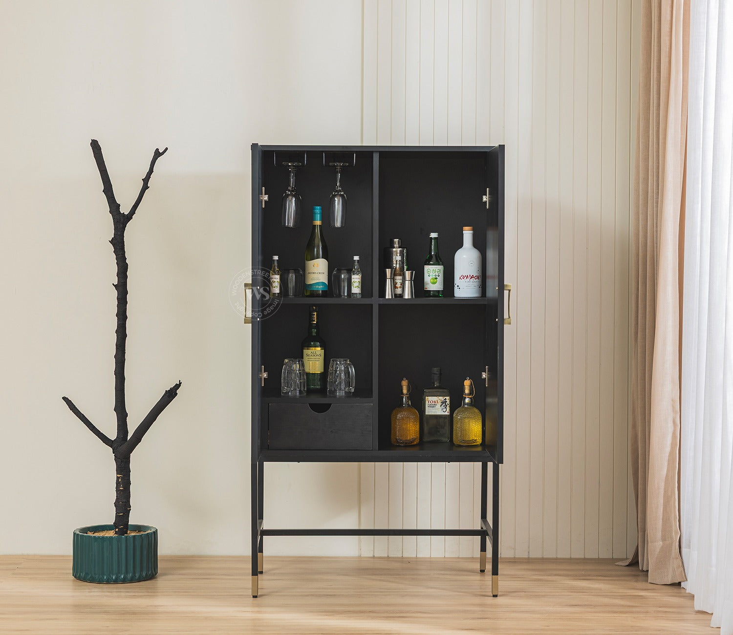 Orvion Modern Bar Cabinet with Textured Premium HDMMR Front (Marble Green)