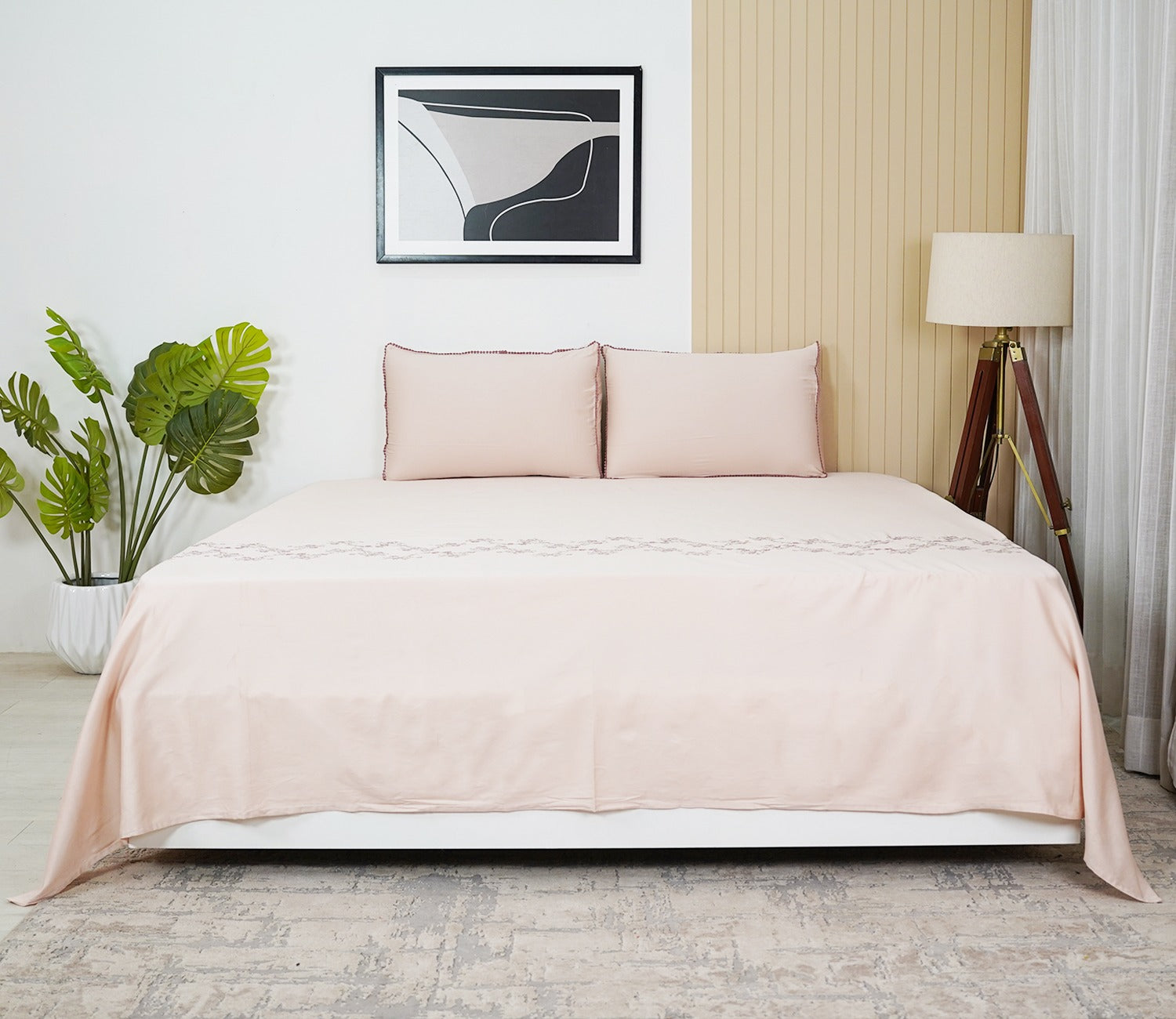 Floral Embroidery 300 TC Flat Pure Cotton King Size Bedsheet With 2 Pillow Covers (Pink)