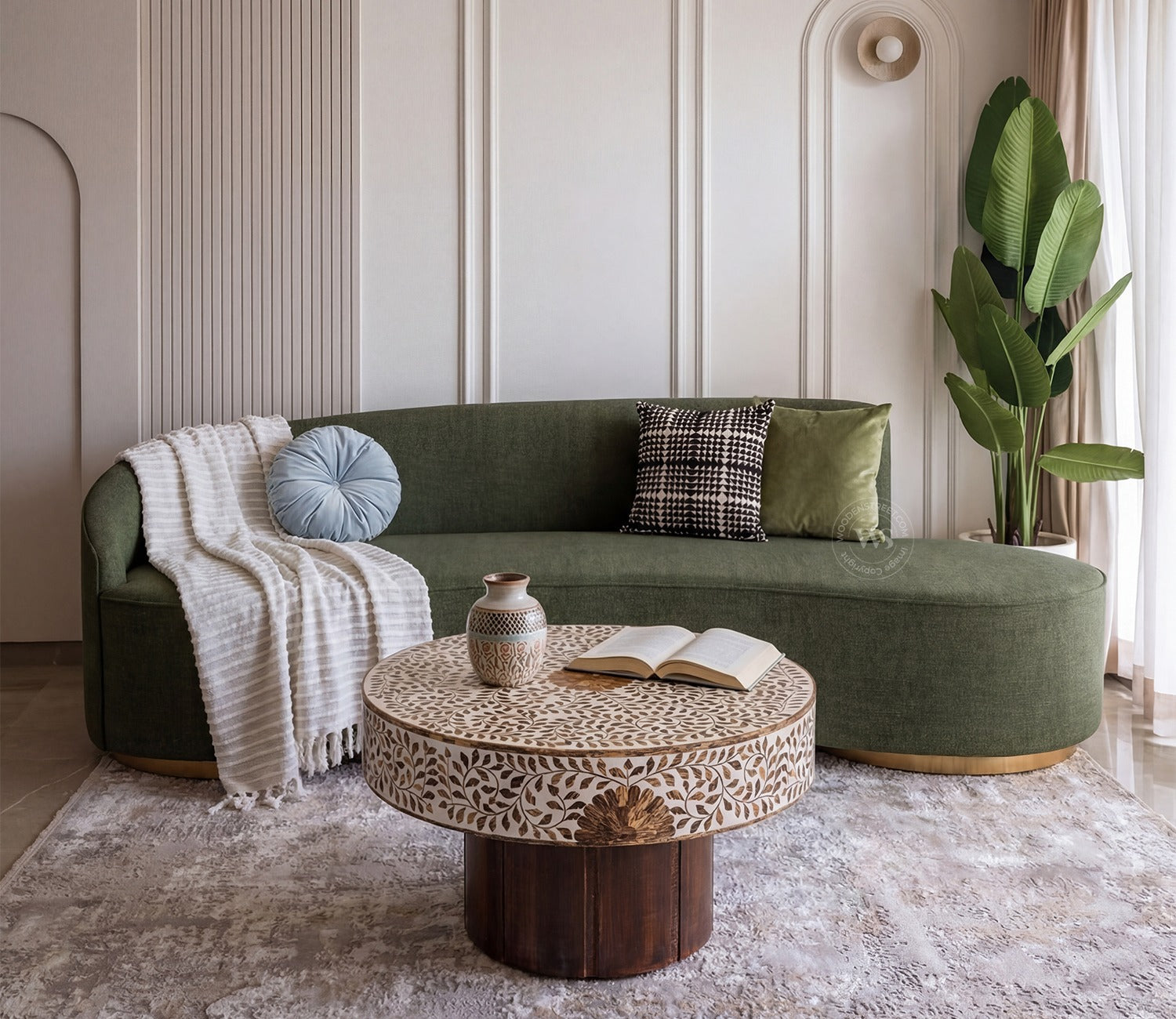 Osbert 3 Seater Curved Sofa (Cotton, Sage Green)