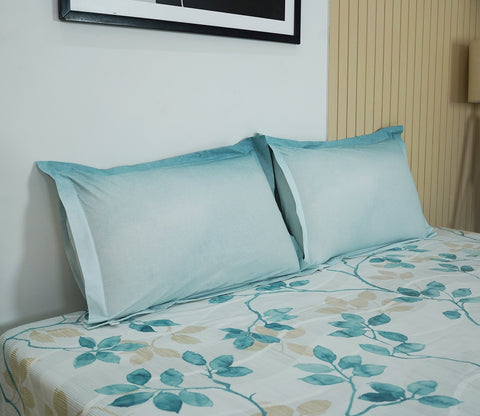 Flowery 144 TC Flat Pure Cotton King Size Bedsheet With 2 Pillow Covers (Blue)