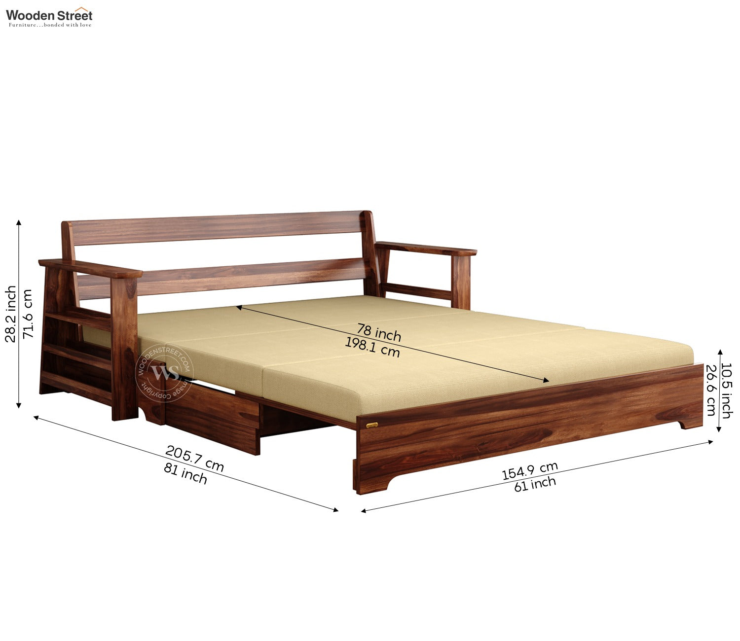 Della Sheesham Wood Sofa Cum Bed With Armrests (Honey Irish Cream)