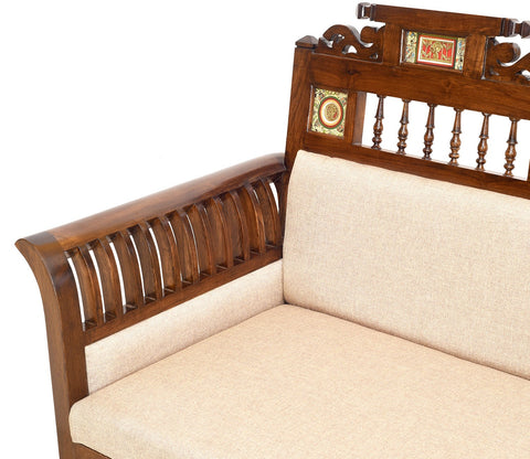 Maharaja-1 Three Seater Sofa in Teakwood with Walnut Finish adorned with Dhokra Brass Frames