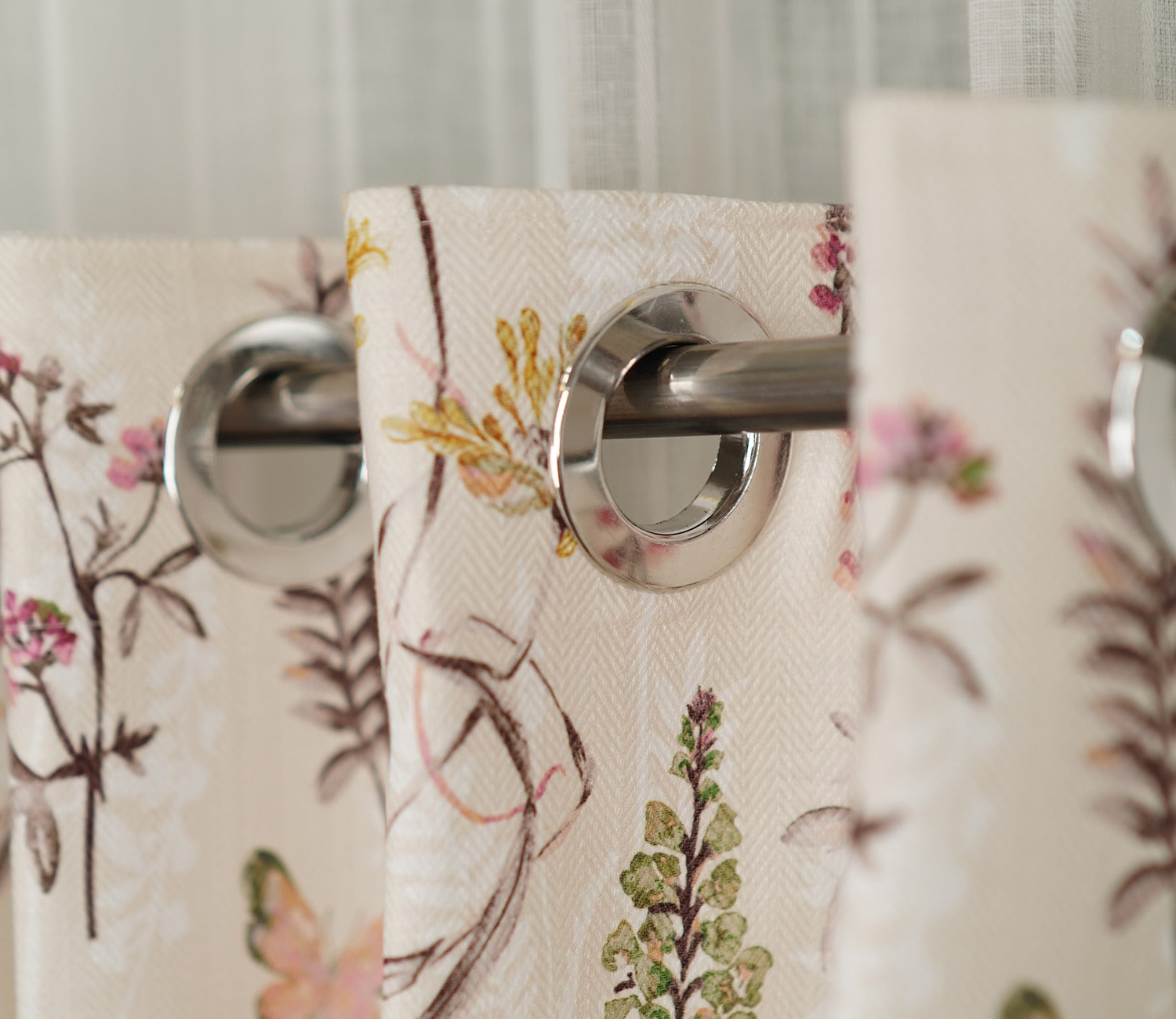 Beige Botanic Mist Floral Print Light-Filtering Door Curtains Set of 2 (Beige, 7 Feet)