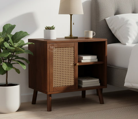 Carmello Mango Wood Bedside Table with Cane Detailing & Open Shelves (Teak Finish)
