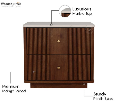 Kesarth Mango Wood Bedside Table with Marble Top & Storage (Teak Finish)