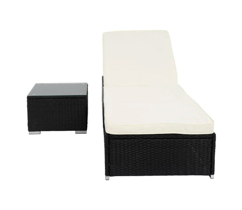 Black Adjustable Outdoor Patio Lounger With Table And Off White Cushions