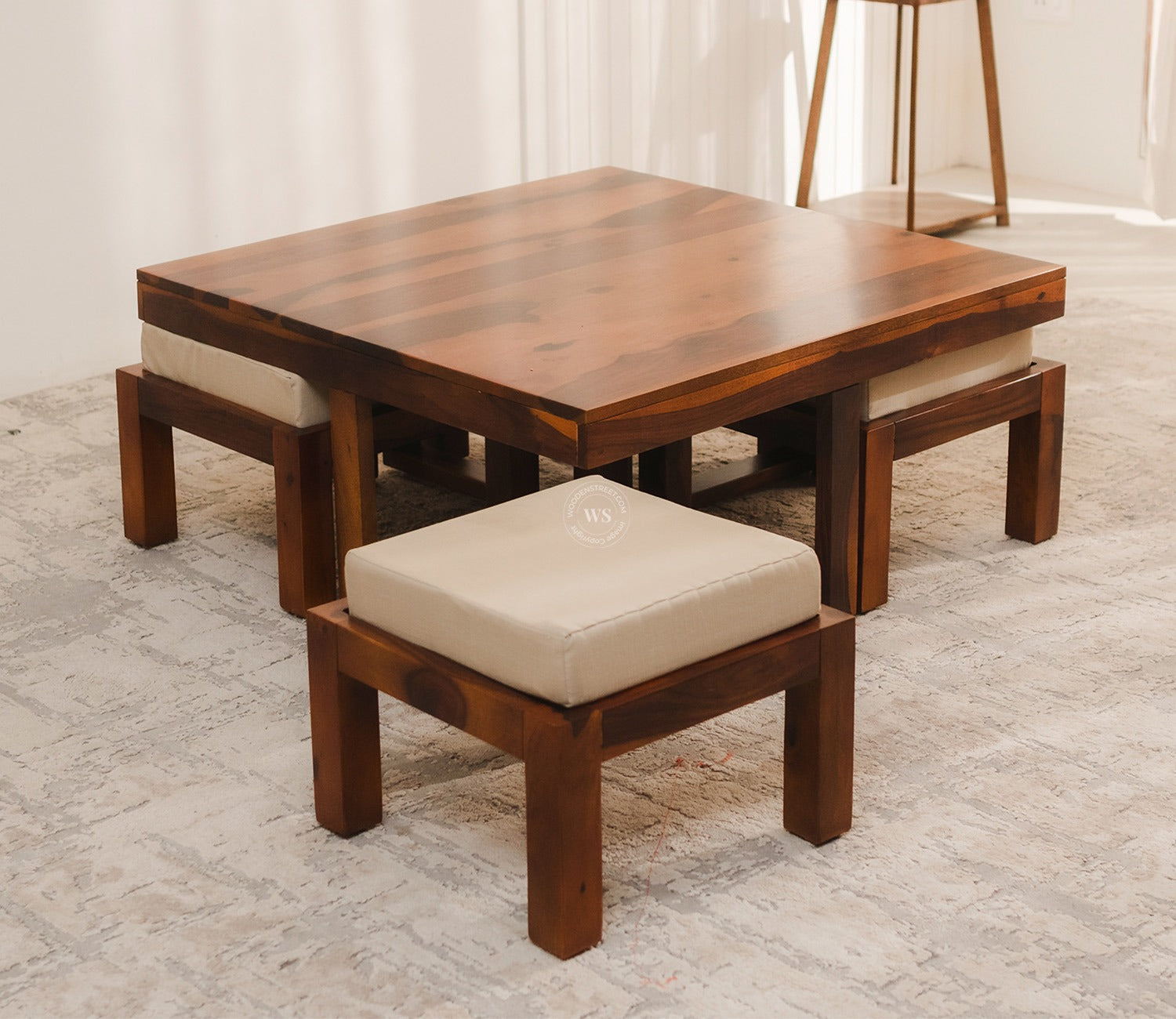 Reid Sheesham Wood Coffee Table with Four Cushioned Stools (Walnut Finish)