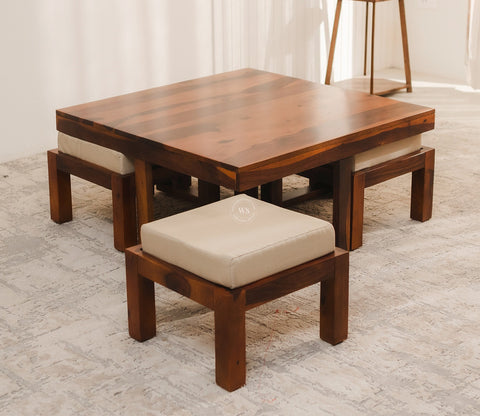 Reid Sheesham Wood Coffee Table with Four Cushioned Stools (Walnut Finish)