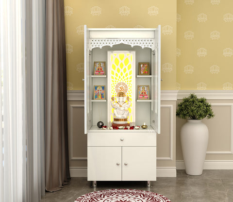 Atharv Engineered Wood Home Temple With Inbuilt LED Light System (White Finish)