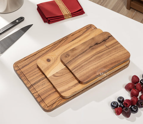 Troy Acacia Wood Handcrafted Non Slip Chopping Boards Small-Medium And Large Chopping Board For Kitchen - (Set of 3)