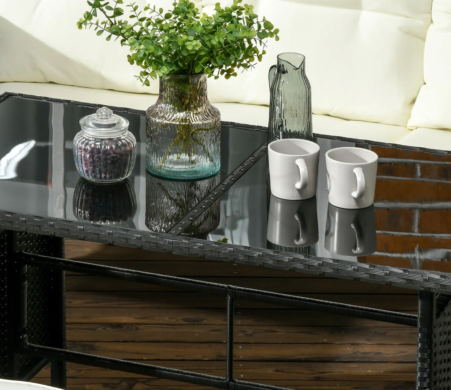 Black Rattan And Wicker Outdoor Sofa Set With Off White Cushions And Table