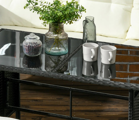 Black Rattan And Wicker Outdoor Sofa Set With Off White Cushions And Table