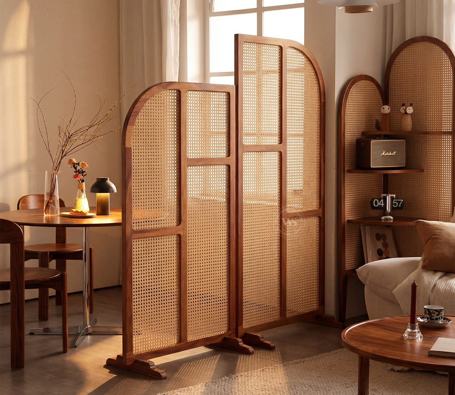 Aavaran Heritage Arch Sheesham Wood Room Divider with Luxury Cane Weave - Set of 2 Panels